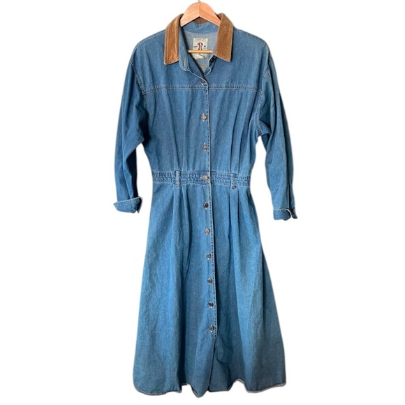 Studio 25 x Vintage Long Denim Button Prairie Dress Corduroy Collar - Picture 2 of 10